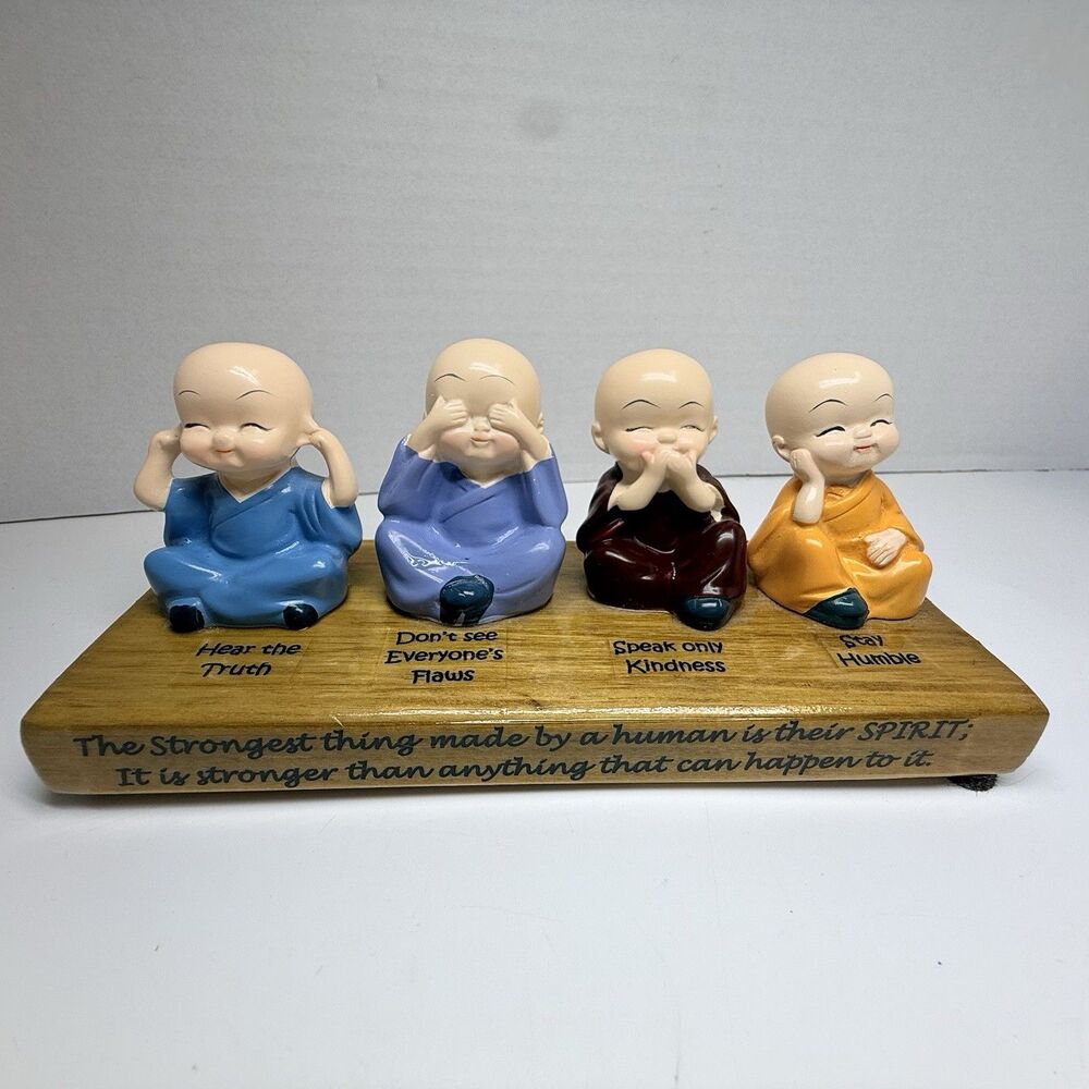 4 Piece King Fu Little Monk Figures Handmade Prosperity Motivational Wood Base